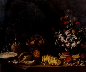 Natura morta con fiori, fichi, melone, pane... metà XVII sec. Pier Francesco Cittadini olio su tela